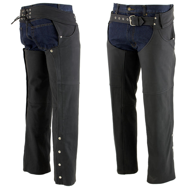 Milwaukee Leather LKM5717 Men's Flat Black Premium Leather Motorcycle Rider Biker Chaps w/ Jean Pockets