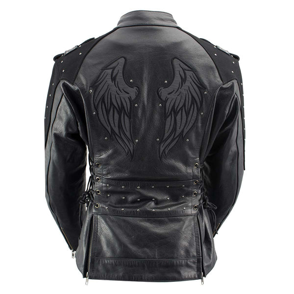 Milwaukee Leather LKL27005 Women's Scuba Style Black Leather Motorcycle Biker Jacket w/ Reflective Wings and Studs