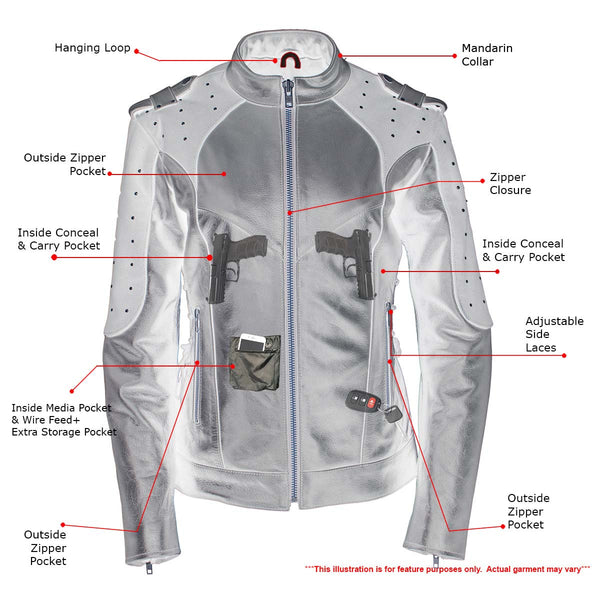 Milwaukee Leather LKL27005 Women's Scuba Style Black Leather Motorcycle Biker Jacket w/ Reflective Wings and Studs