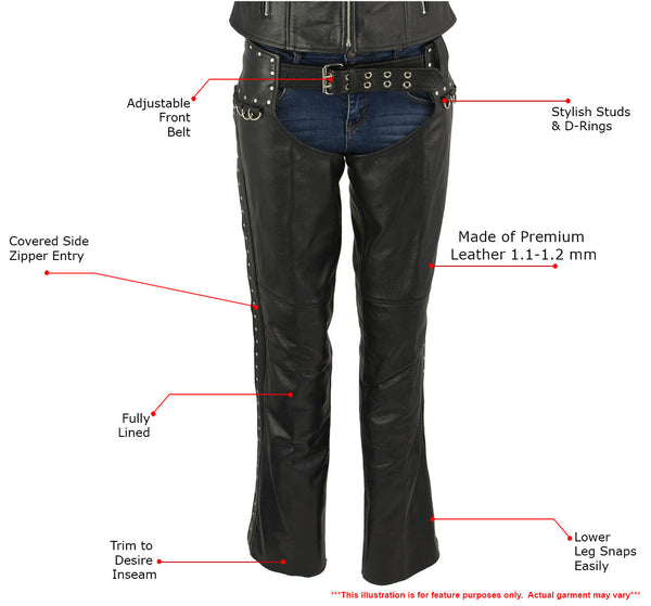 Milwaukee Leather LKL6705 Women's Classic Black Leather Motorcycle Biker Rider Chaps w/ Rivet Detail