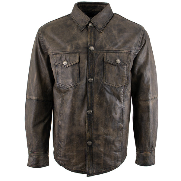 Milwaukee Leather MLM1613 Men's Distressed Brown Casual Biker Rider Leather Shirt w/ Vintage 5 Cent Buffalo Buttons