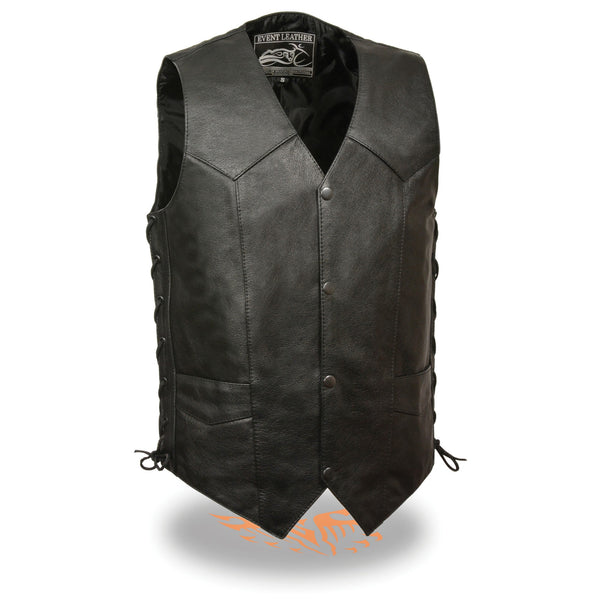 Men’s Black Side Lace Biker Vest w/ Gun Pocket – Tall