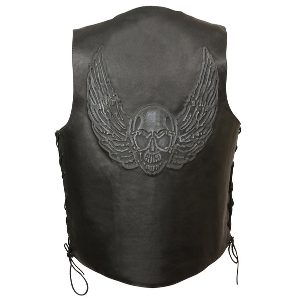 Men’s Black Side Lace Leather Vest w/ Skull & Wings