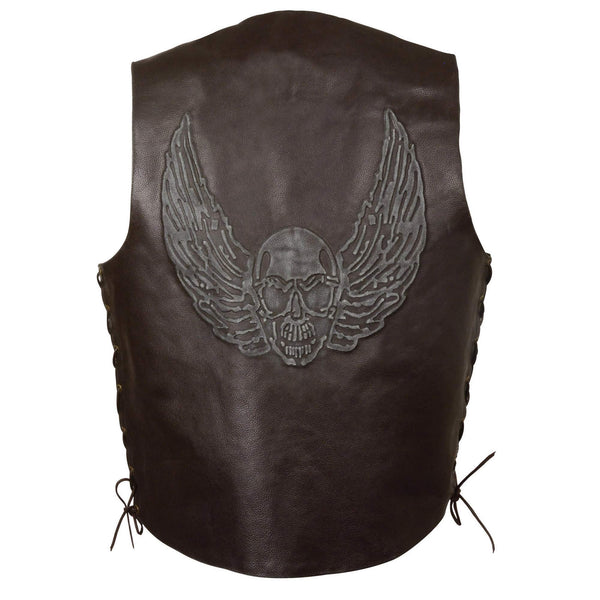 Men’s Black Side Lace Leather Vest w/ Skull & Wings