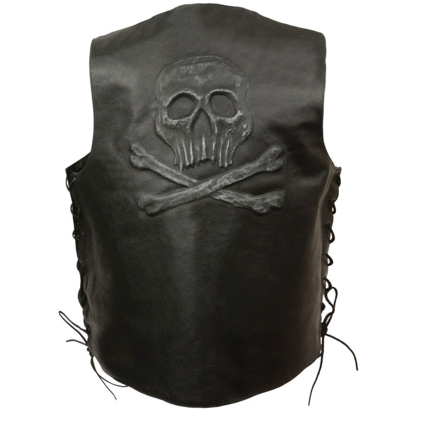 Men’s Side Lace Leather Vest w/ Skull & Cross Bones