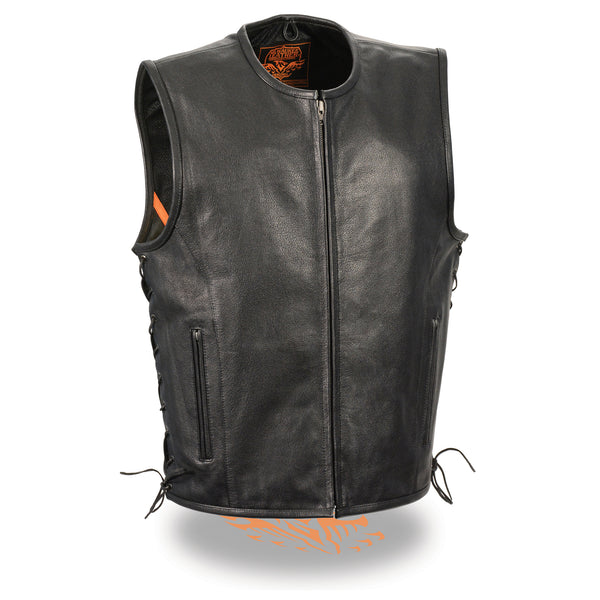 Men’s Zipper Front Side Lace Leather Vest w/ Seamless Design