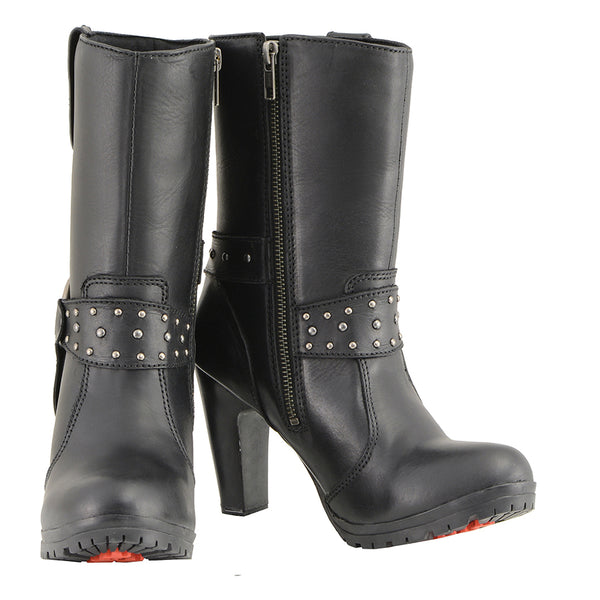Women’s Black Leather Harness Boot with Block Heel