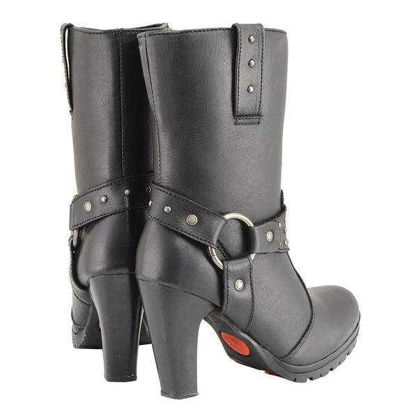 Women’s Black Leather Harness Boot with Block Heel