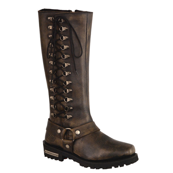 Women’s Distressed Brown “14”Inch Classic Harness Square Toe Leather Boot w/ Full Lacing