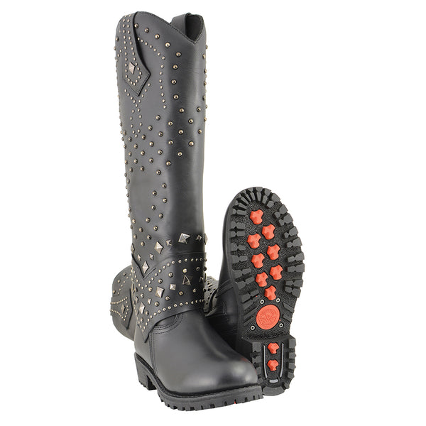 Women’s Extra Tall Studded & Riveted Pull On Western Style Boot