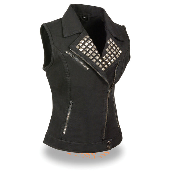 Women’s Zipper Front Black Denim Vest w/ Studded Spikes