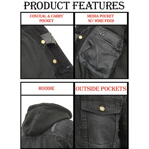 Men’s Denim Hoodie Jean Pocket Jacket w/ Gun Pockets