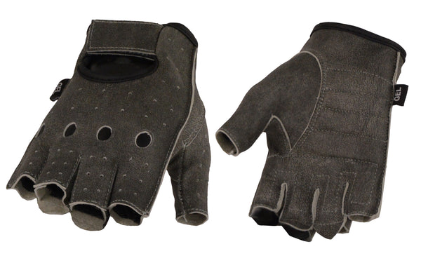 Men’s Distressed Gray Leather Fingerless Gloves w/ Gel Padded Palm