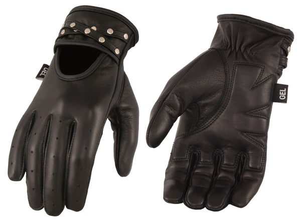 Women’s Black Leather Driving Glove w/ Gel Pam & Studs