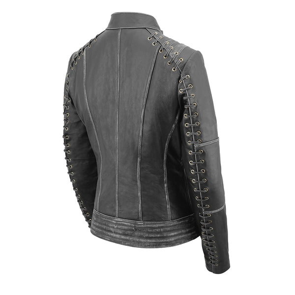 Women Distressed Black Leather Jacket with Lace & Star Accents
