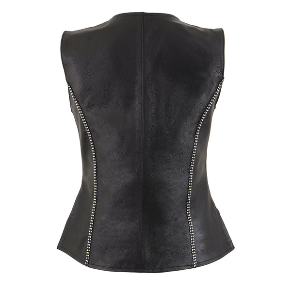 Ladies Black Leather V Neck Zippered Vest with Rhinestone Bling Detail