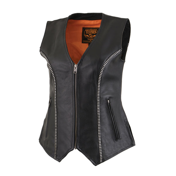 Ladies Black Leather V Neck Zippered Vest with Rhinestone Bling Detail