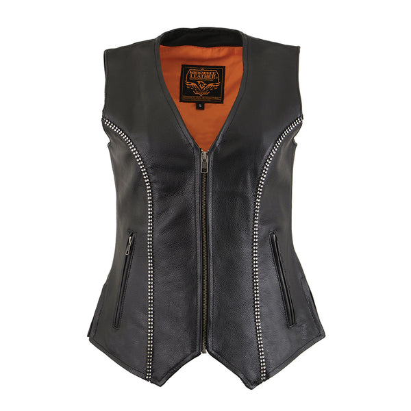 Ladies Black Leather V Neck Zippered Vest with Rhinestone Bling Detail