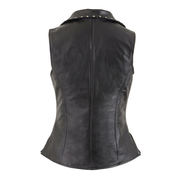 Ladies Black Leather Zipper Front Vest with Riveted M/C Lapel Collar