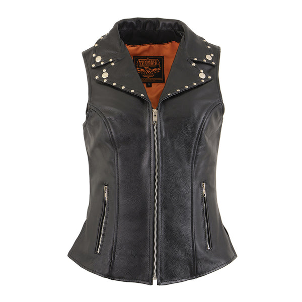 Ladies Black Leather Zipper Front Vest with Riveted M/C Lapel Collar