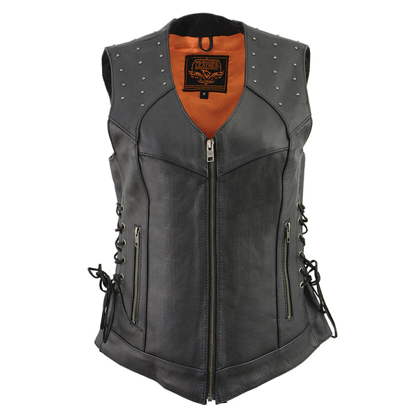 Ladies Black Leather V Neck Zipper Front Vest with Rivet Details