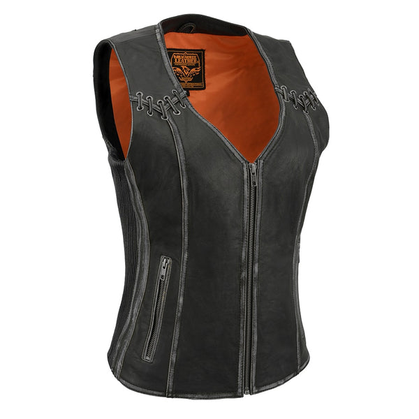 Women Distressed Black Leather Vest with Lace & Star Accents