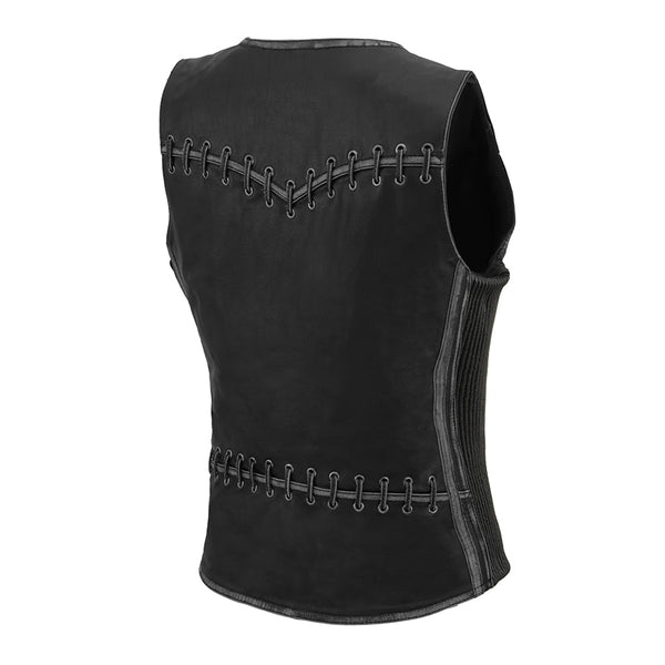 Women Distressed Black Leather Vest with Lace & Star Accents