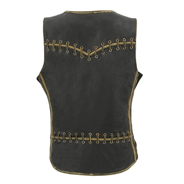 Women Distressed Brown Leather Vest with Lace & Star Accents