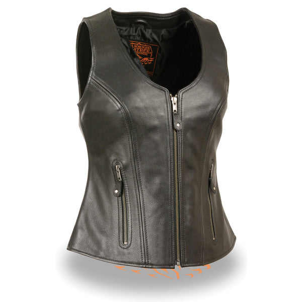 Women’s Black Open Neck Zipper Front Leather Vest