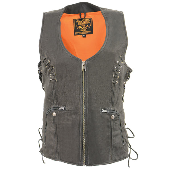 Women’s Black Leather Vest with Lace Accents