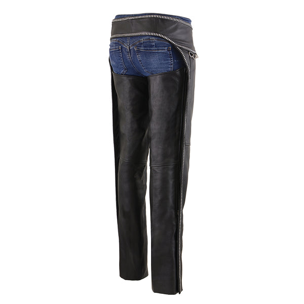 Women’s Leather Chaps w/Rhinestone Bling Details & D-Ring Accents