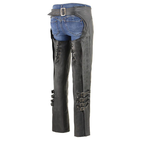 Women Buckled Up Black Leather Chaps