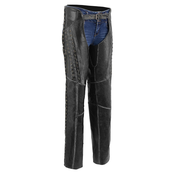 Women Distressed Black Beltless Leather Chaps with Lace & Star Accents
