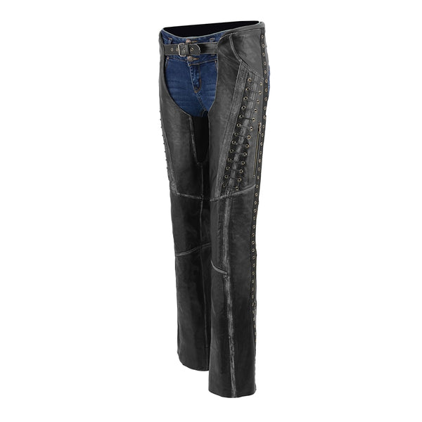 Women Distressed Black Beltless Leather Chaps with Lace & Star Accents