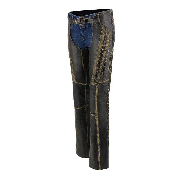 Women Distressed Brown Beltless Leather Chaps with Lace & Star Accents
