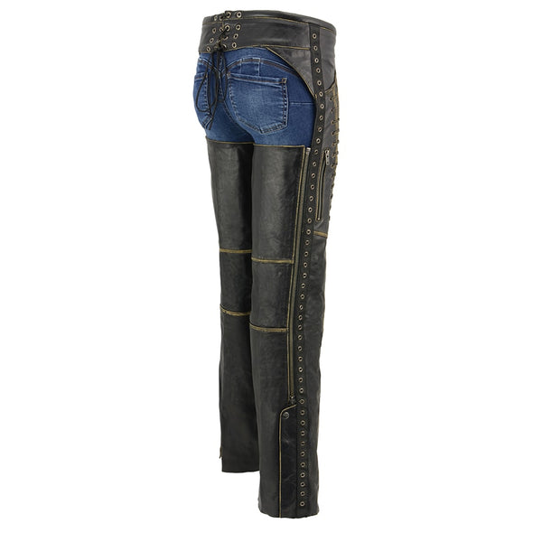 Women Distressed Brown Beltless Leather Chaps with Lace & Star Accents