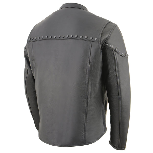 Men’s Black Leather Racer Jacket with Skull Hardware
