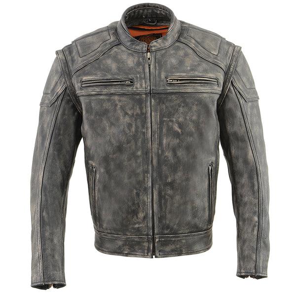 Men’s Distressed Brown Leather Jacket with Zip-Off Sleeves