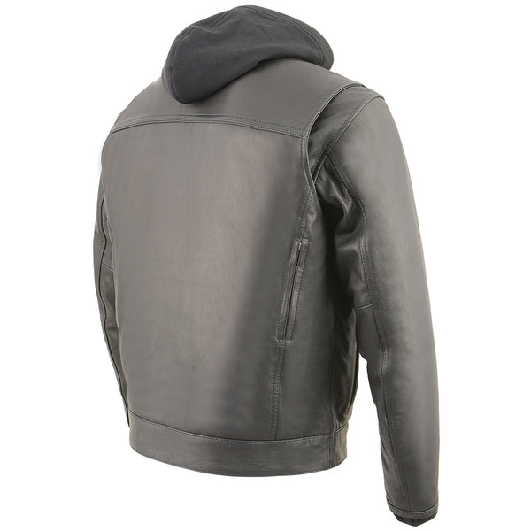 Men’s Leather Utility Pocket Vented Jacket w/ Full Sleeve Removable Hoodie