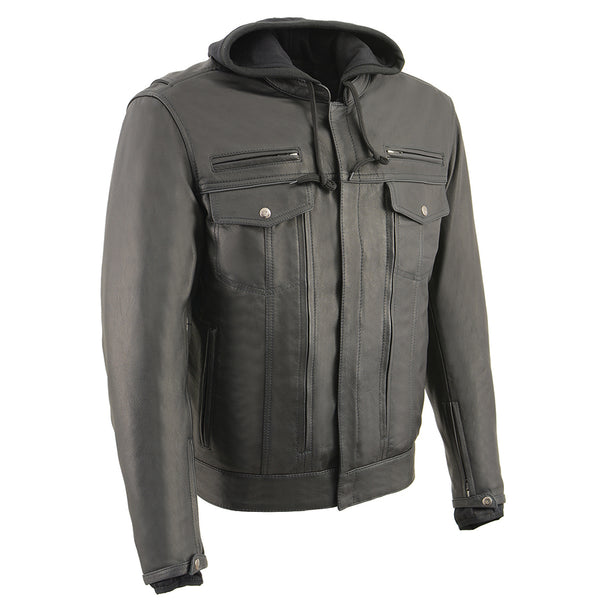 Men’s Leather Utility Pocket Vented Jacket w/ Full Sleeve Removable Hoodie