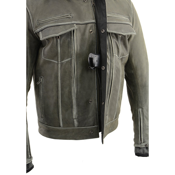 Men’s Distressed Grey Leather Utility Pocket Vented Jacket w/ Full Sleeve with Hoodie