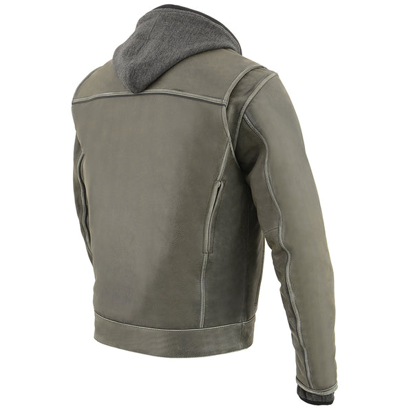 Men’s Distressed Grey Leather Utility Pocket Vented Jacket w/ Full Sleeve with Hoodie