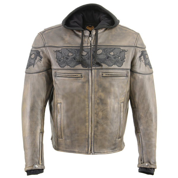 Men’s Distressed Brown Crossover Scooter Jacket w/ Reflective Skulls