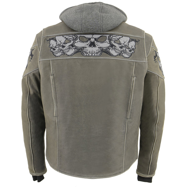 Men’s Distressed Grey Scooter Jacket w/ Reflective Skulls & Removable Hoodie