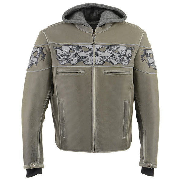 Men’s Distressed Grey Scooter Jacket w/ Reflective Skulls & Removable Hoodie