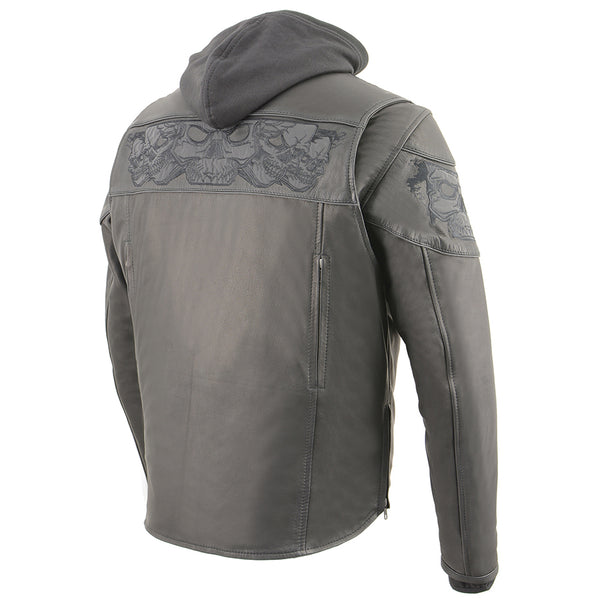 Men’s Crossover Scooter Jacket w/ Reflective Skulls & Full Sleeve Removable Hoodie Black