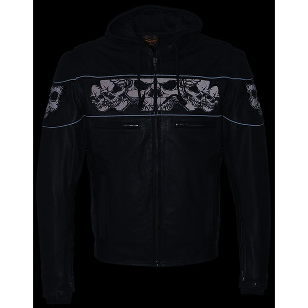 Men’s Crossover Scooter Jacket w/ Reflective Skulls & Full Sleeve Removable Hoodie Black
