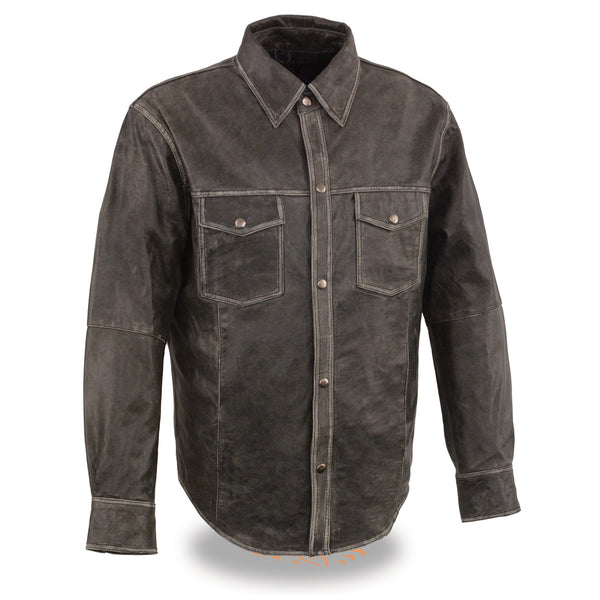Men’s Distressed Gray Lightweight Leather Snap Front Shirt