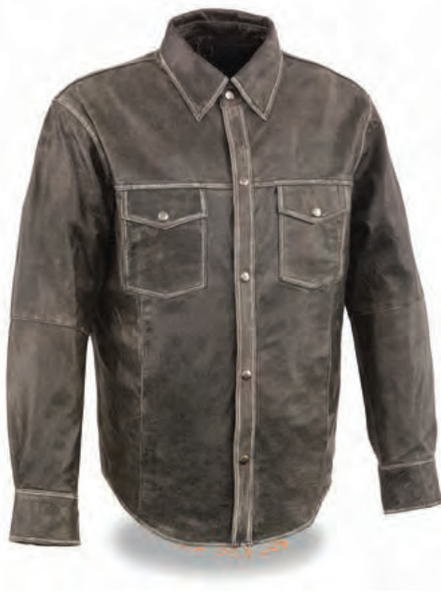 Men’s Distressed Grey Lightweight Leather Snap Front Shirt