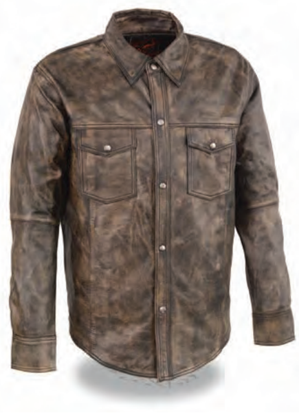 Men’s Distressed Brown Lightweight Leather Snap Front Shirt
